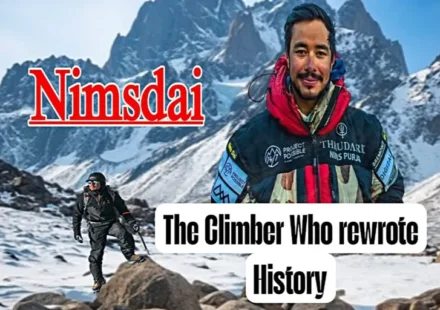 Nirmal Purja Life Story featured image showing Nimsdai in mountaineering gear with a Himalayan backdrop, highlighting his record-breaking climbing journey.