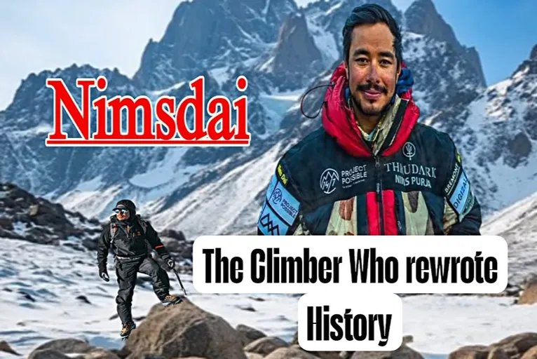 Nirmal Purja Life Story featured image showing Nimsdai in mountaineering gear with a Himalayan backdrop, highlighting his record-breaking climbing journey.