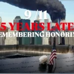 9/11 attack 25 years later with World Trade Center and American flag