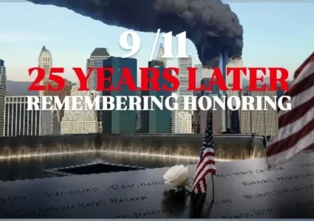 9/11 attack 25 years later with World Trade Center and American flag