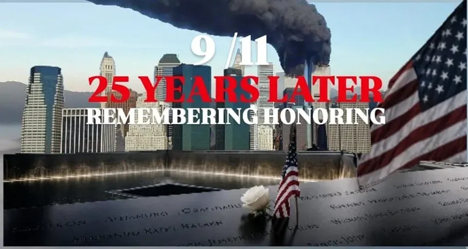 9/11 attack 25 years later with World Trade Center and American flag