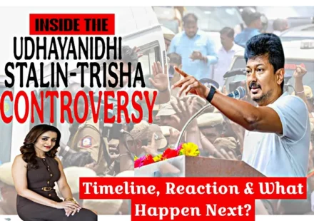 Udhayanidhi Trisha controversy featuring Udhayanidhi Stalin addressing a public rally alongside actor Trisha Krishnan during the political and legal row.