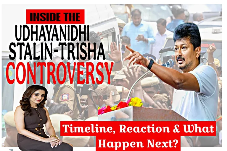 Udhayanidhi Trisha controversy featuring Udhayanidhi Stalin addressing a public rally alongside actor Trisha Krishnan during the political and legal row.
