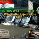 Indus Waters Treaty dispute showing India and Pakistan flags, dam, treaty document and arbitration award