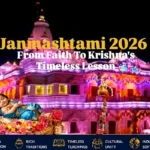 Janmashtami 2026 celebration featuring Lord Krishna, a decorated temple, Dahi Handi and cultural traditions in India.
