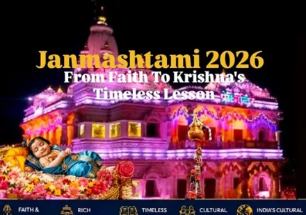 Janmashtami 2026 celebration featuring Lord Krishna, a decorated temple, Dahi Handi and cultural traditions in India.