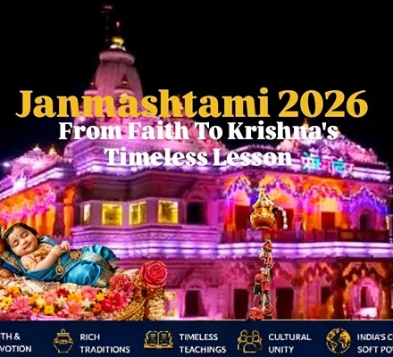 Janmashtami 2026 celebration featuring Lord Krishna, a decorated temple, Dahi Handi and cultural traditions in India.