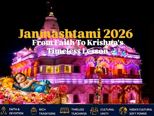 Janmashtami 2026 celebration featuring Lord Krishna, a decorated temple, Dahi Handi and cultural traditions in India.