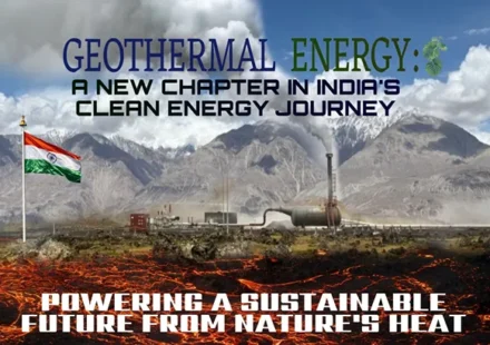 Geothermal energy facility in India with the Indian flag, mountains, and underground heat