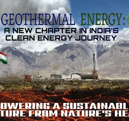 Geothermal energy facility in India with the Indian flag, mountains, and underground heat