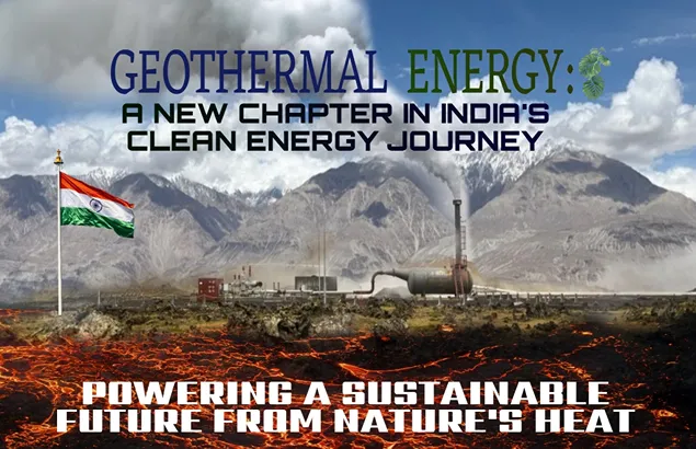 Geothermal energy facility in India with the Indian flag, mountains, and underground heat
